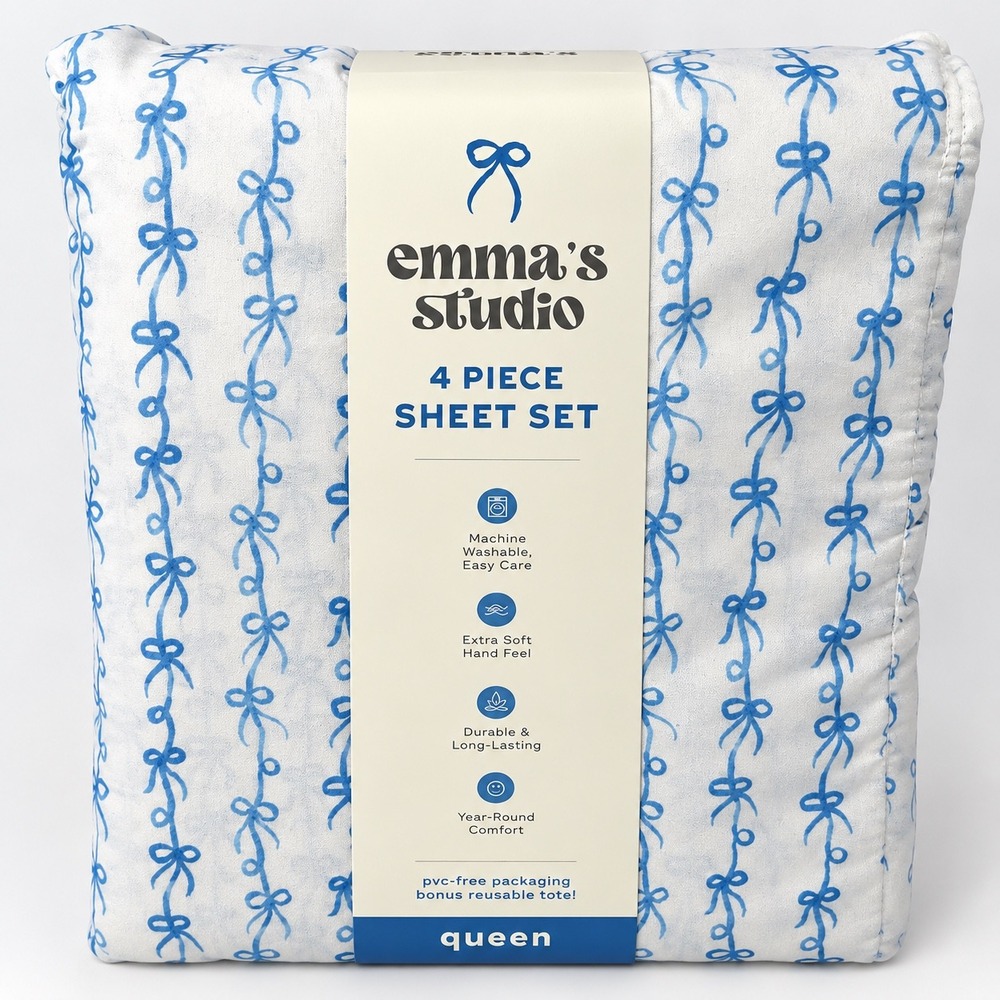Emma's Studio Queen Sheet Set 4 Pc Blue Bows Extra Soft New Coquette Cottagecore